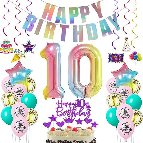 Deko 10. Geburtstag mädchen bunt,Geburtstagsdeko 10 jahre mädchen Rosa Luftballons 10 Geburtstag dekoration Regenbogen,Folienballon 10 Geburtstag deko mädchen Rosa Tortendeko 10 Geburtstag lila