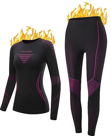 Skiunterwäsche Funktionsunterwäsche Thermounterwäsche Damen Unterwäsche Frauen Set Extra Warm Winter Sportunterwäsche Thermopulloverdamen Ski Kleidung Schwarz+Fuchsie M