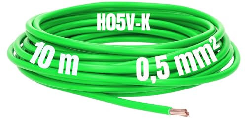 Kalitec Câble de câblage H05V-K 0,5 mm² vert - 10 m - Flexible - En PVC - Toron 0,5 mm² - Câblage simple à fil fin - Câble monofilaire