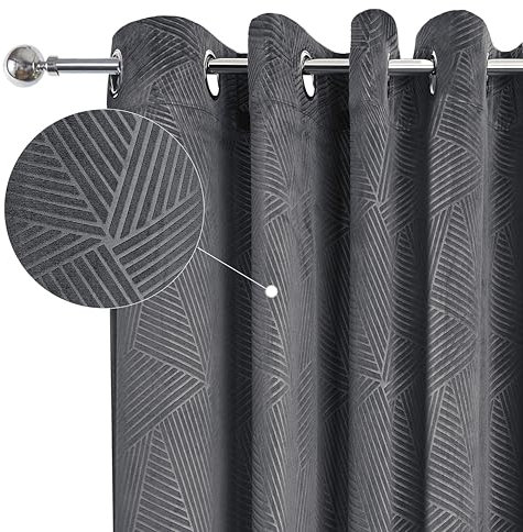 Emma Barclay Midnight - Embossed Velvet Woven Thermal Blackout Eyelet Curtains (Charcoal, Width 66 x Drop 72 (168 x 183cm))