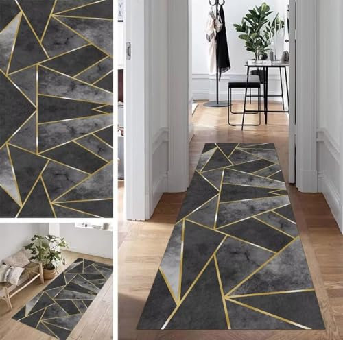 ZUZEKU Abstrakte Teppich Läufer Lang Flur Küche rutschfest Waschbar Teppichmattent 70X180cm Schwarz Grau Vintage Küchenläufer Meterware Esszimmer Schlafzimmer Wohnzimmer Schmutzfangmatte