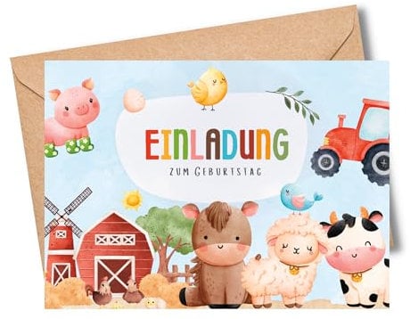 MeinBaby123® 10 Einladungskarten Kindergeburtstag für Jungs | Bauernhof Geburtstagseinladungen für Kinder | Traktor Einladungskarten | inkl. 10 Briefumschläge | Premium Qualität (Bauernhof V1)