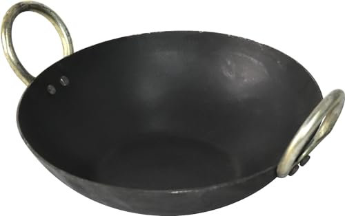 Iron Kadai Deep Frying Pan Traditional Kadhai for Cooking Indian Chinese Food Wok Pan Kitchen Tool for Families Multipurpose Hand Hammered Round Bottom Black (8 Inch)
