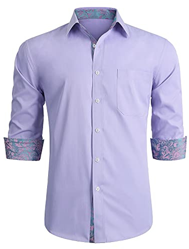 HISDERN Mens Dress Shirt Long Sleeve Shirts for Men Formal Regular Fit 6XL Purple/Pink