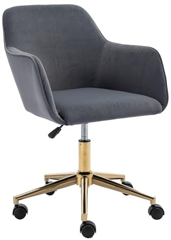 DEKKETO Grau Samt Drehstuhl, Schminktisch Stuhl mit Rollen, Bequem Schminkstihl Bürostuhl Sessel mit Lehne, Höhenverstellbare Schreibtischstuhl mit Goldenem Sockel für Schlafzimmer, Waschtisch