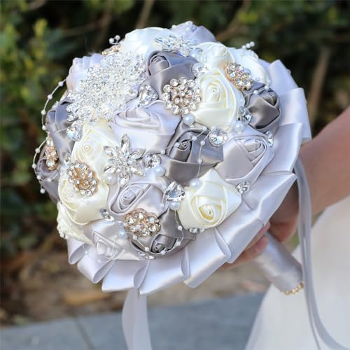 Mhojpik Quinceanera Brautstrauß, rund, 19,1 cm, silberfarben, grau und elfenbeinfarben, Brautstrauß, Überwurf, künstliche Rose, Blumenstrauß für Braut, Brautjungfer, Hochzeit, Quinceanera