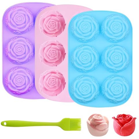 RAFIYU 3 Stück Silikon Backform mit Ölpinsel, 6-Cavity Rosenförmige Multifunktionale Silikonform, Silikon-Seife Formen Backform für Schokoladenkuchen, Gelee, Mousse, Pudding, Gelee