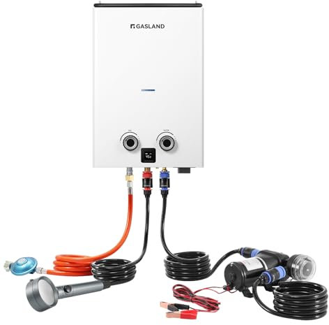 GASLAND Go Shower Series Durchlauferhitzer G10 Pro-DE, 10 Liter Gas Warmwasserbereiter mit Wasserpumpe für den Außenbereich, Butan (50mbar)/Propan (50mbar), für Camping, Wohnmobil, Scheune