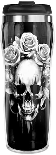 Pixly® Skull & Roses Thermal Travel Mug Coffee Tea Flask, 400ml/14oz Capacity, Funny Joke Fun Gift for Him Her