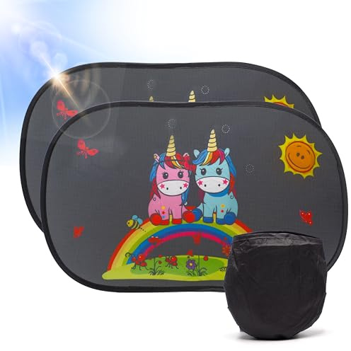 Juego de 2 parasoles para coche para niños, 51 x 31 cm, protección más UV garantizada, opacas ventanas de coche adhesivas y universales, para cubrir ventanas de coche, diseño de unicornio, par