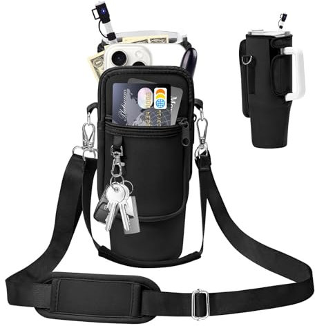 Coolicee Stanley Sports Bottle Cover for 40oz Shoulder Strap with Straw Cap Stanley Cup Holder Cold Insulated Adjustable Handbag Crossbody Outdoor Camping (Black), BT-01