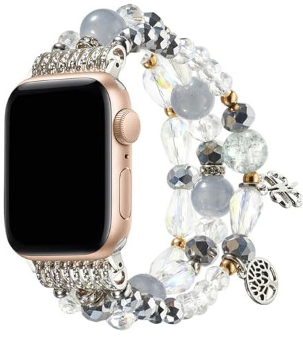 UCK-KIT Compatible pour for Apple Watch Bracelets 40mm/38mm/41mm iWatch Série 8/7/6/SE/5/4/3/2/1 Femmes Bracelet Perlé Élastique Extensible Remplacement Bracelet,Argent,38/40/41mm