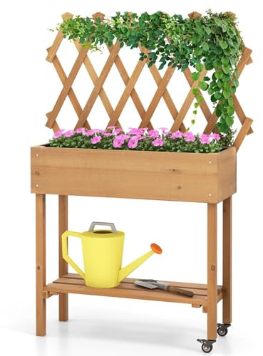 HOMASIS Orto Rialzato da Esterno con Ripiano, Fioriera Rialzata con Grigliato in Legno Massello, Fioriera con Spalliera con Ruote per Balcone, Giardino, Cortile, 90 x 29 x 129 cm, Naturale