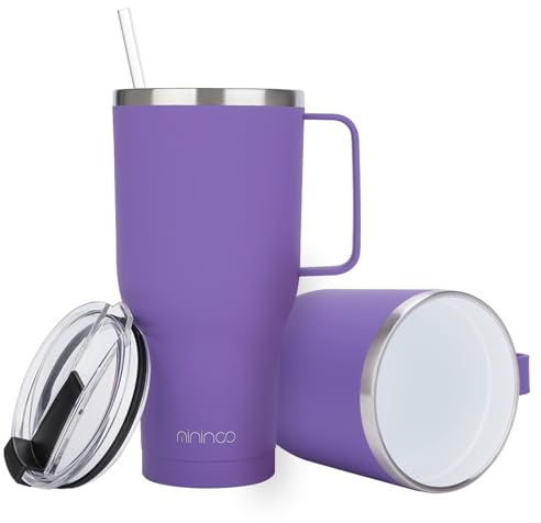 mininoo 40 oz Ceramic Lined Tumbler with Handle and Straw Lid, Stainless Steel Ceramic Travel Coffee Mug Newly Upgraded Latex Outer Layer