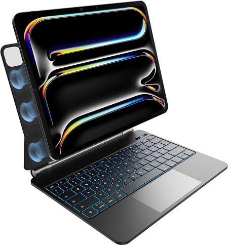 HOUCC Hülle mit Tastatur für iPad Pro 2024 13 Zoll M4, Bluetooth Tastatur mit magnetischem Ständer, Trackpad, 7 Farben Hintergrundbeleuchtung, QWERTZ Layout, Schwarz