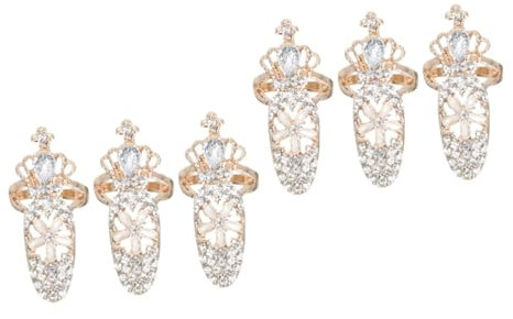 SAFIGLE 6pcs Gold Rhinestone Finger Ring for Women Nail Pearl Ring Jewelry Hand Joint