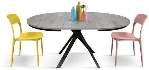 PAZZO DESIGN Ausziehbarer runder Tisch aus Leinen, gekreuzte schwarze Shangay-Beine, für Wohnzimmer oder Küche, hergestellt in Italien, Betongrau, von 120 bis 170 cm - id_2120