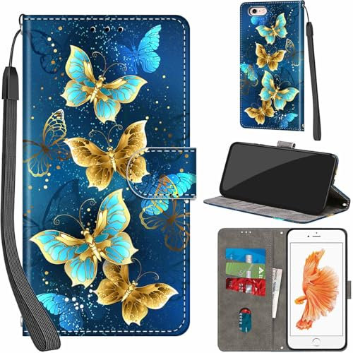 Haninsuze for iPhone 6s Plus/6 Plus 5.5 Inch Case PU Leather Wallet Book Flip Folio Stand View Magnetic Multi-Pattern Cover compatible with iPhone 6 Plus Phone Case (Four Butterfly)