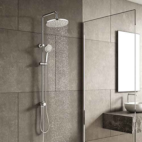 KOMIRO Duschsystem ohne Armatur, Regendusche ohne armatur Duschstangeset Duschsäule Set Duschset mit Regendusche Kopfbrause und 5 Strahlarten Handbrause, Runde, Chrom