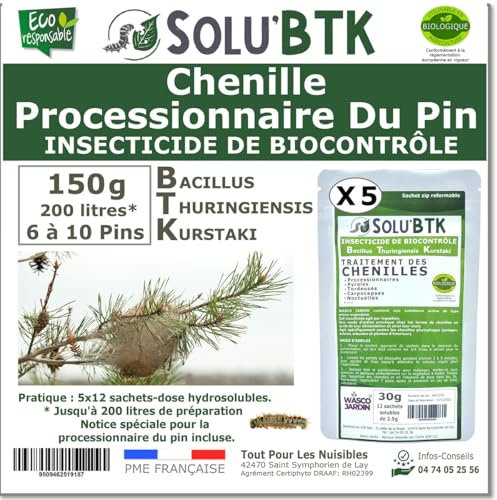 SoluBTK | Chenilles Processionnaires du Pin | 150 g Insecticide Bacillus Thuringiensys | Utilisable en Agriculture Biologique | Pour 6 à 10 Pins