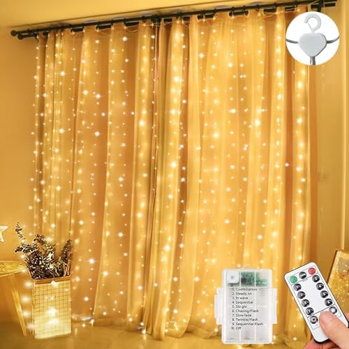 Lezonic Curtain Fairy Lights, 3m x 3m 300LED Battery Curtain Lights, 8 Modes Fairy Lights Battery Operated with Remote for Indoor/Outdoor, Window, Bedroom, Wedding, Party, Christmas(Warm White)