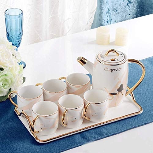 TLOKIXA Set Of 8 European Ceramic Coffee Tea Set With 1 Teapot 6 Cup 1 Tray For Best Gift,Red