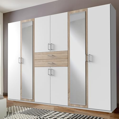 Lomadox Schlafzimmer Kleiderschrank Drehtürenschrank 270cm in weiß und Eiche, mit 8 Türen, 2 Schubladen, 2 Kleiderstangen