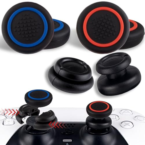 PlayRealm 2 x Daumenstick-Verlängerung und Daumengriff für PS5- und PS4-Controller (schwarz, rot + blauer Ring)