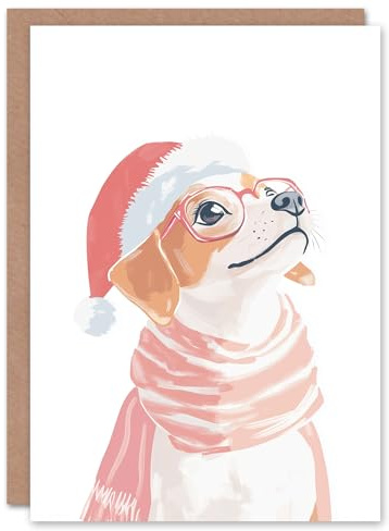 Wee Blue Coo Greeting Card Cute Dachshund Santa Hat Pink Glasses Dog Lover Blank For Him Or Her Art Xmas Christmas Card