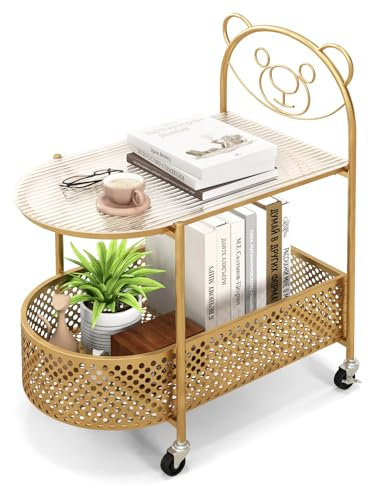 COSTWAY Beistelltisch Glas mit Rollen, 2-stufiger Glastisch mit Bärenmuster, Nachttisch mit Ablagekorb, Couchtisch Kaffeetisch modern für Wohnzimmer, Schlafzimmer, 60 x 40 x 76 cm (Gold)