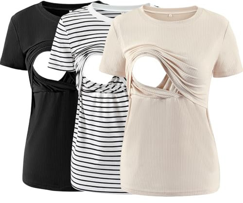 Love2Mi Lot de 3 t-shirts d'allaitement courts pour femme enceinte, design superposé pour allaiter, Noir/blanc/noir rayé/abricot, XL