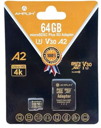 Amplim Micro SD Card 64GB | MicroSD Memory Plus Adapter | A2 MicroSDXC U3 Class 10 V30 UHS-I for Nintendo, GoPro Hero, Surface, Phone, Camera Cam, Tablet | Black