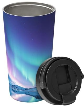 Northern Lights Tumbler Thermobecher aus Edelstahl, isoliert, doppelwandig, Vakuum-Thermosbecher mit Klappdeckel und Griff, auslaufsicher, Reisebecher für heiße und kalte Getränke, 473 ml