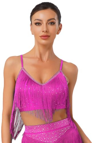 inlzdz Damen Latein Tanz Oberteil Ärmellos Tanztop Tank Top mit Quasten Fransen V-Ausschnitt Bauchtanz BH Wettbewerbe Auftritt Tanz Kostüm