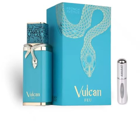 Vulcan Feu Eau de Parfum, 100 ml, arabisches Parfüm, Unisex, lange Lebensdauer, inklusive nachfüllbarem Zerstäuber, 5 ml, tropischer und würziger Duft mit Noten von Mango, Ingwer und Bernstein (Vulcan