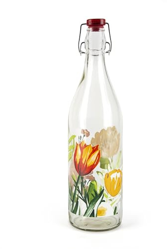 Excelsa Blooming Bottiglia in Vetro Decorata con Fiori, Chiusura Ermetica, 1L