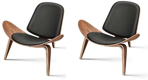 OTDMEL Modern Shell Lounge Accent Chairs, Faux Genuine Leather Mid Century Armless Chairs, Tripod Plywood Classic Design Solid Wood with Padded Seat, Living Room Office Bedroom, Set of 2, Palisander