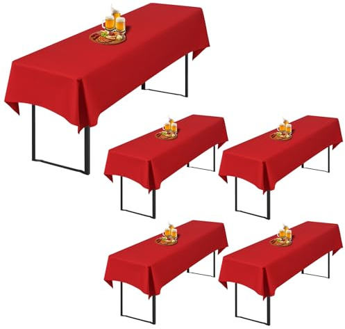5 Stück Rot Biertisch Tischdecke universal für 50cm u.70cm Biertische Hussen für Biertisch, Blickdichte Polyester Biertischhussen Biertisch-Husse Rechteckige Tischdecken Waschbar-250x100cm
