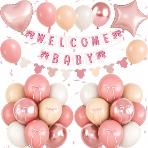 Dusty Pink Baby Shower Decorations Oh Welcome Baby Girls Balloon Set Star Heart Foil Balloons Bunting Banner Bodysuit Paper Garland Bow Boho Blush Beige Rose Gold White Sand Gender Reveal Party Boys