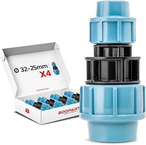 BOOPARTS – Lote de 4 Conectores Recto Reducidos para Roscar PP 32-25 mm para Tubos PE | Manguito de Polipropileno de Alta Resistencia | Riego, Irrigación, Red de Agua Confiable