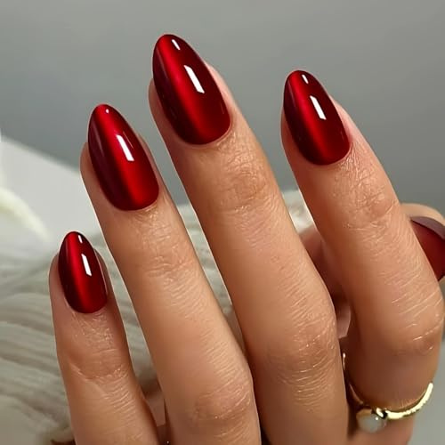 Dark Red False Nails Almond, 30pcs Cat Eye Design Burgundy Press on Nails, Glitter Fake Nail Press on Burgundy, Medium Length Red Press-on Nail in 12 Sizes, Stiletto French Tip False Nailss