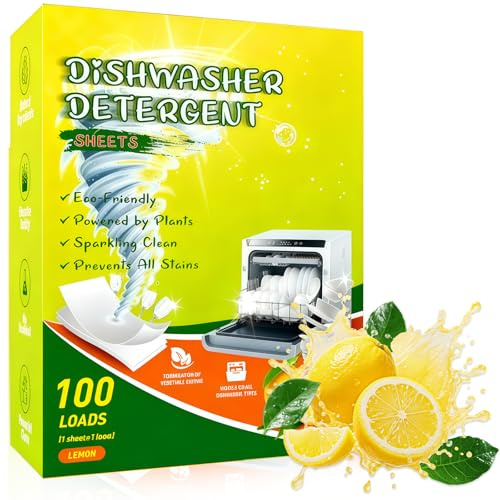 100 fogli per lavastoviglie biologici, foglie sostenibili per lavastoviglie come alternativa alle pastiglie, pulizia potente, rapida solubile, Pulizia, Brillantezza (profumo di limone)