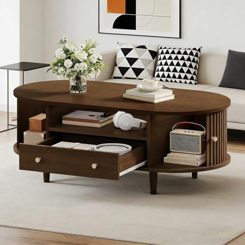 BTM 100 x 50 x 36 cm Couchtisch, Walnussholzfarbe. Kaffeetisch mit Schubladen, Offener Lagerraum, Rolltür
