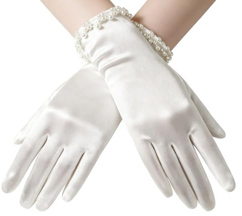 EKKONG Brauthandschuhe Bride Handschuhe Perlen Hochzeit Weiße Handschuhe Handgelenk volle Finger Handschuhe für Hochzeitsoper Dinner Party Tanz