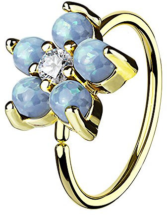 Piercingfaktor Universal Piercing Ring Continuous mit mit Opal Kristall Blume Motiv Für Ohr Nase Lippe Brust Intim Septum Tragus Helix Vergoldet Gold Aqua