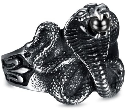 BOBIJOO JEWELRY - Siegelring Ring Schlange Cobra-Stein-Kugel, Schwarz Fleur de LYS Edelstahl 316L - 18,5 (8 US), Edelstahl 316