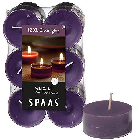 Spaas 12 lumini profumati maxi in tazza trasparente trasparente, 8 ore, orchidea selvatica, melanzana