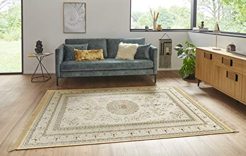 Nouristan Naveh Orient Teppich – Wohnzimmerteppich Orientalisch Kurzflor mit Fransen Vintage Orientalischer Samt-Teppich für Esszimmer, Wohnzimmer, Schlafzimmer – Creme, 95x140cm