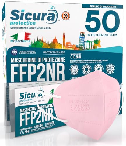 50 Mascherine FFP2 Colorata ROSA Certificate CE SICURA Protection BFE ≥99% Made in Italy Mascherina ffp2 vera Marcatura EFFETTO PULITO sigillata