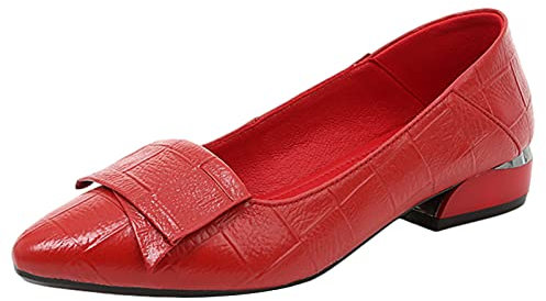 Jamron Damen Spitze Zehen Blockabsatz Karierte Leder Pumps Schuhe Weiche Sohle Ballerinas Rot SN602C046 EU38